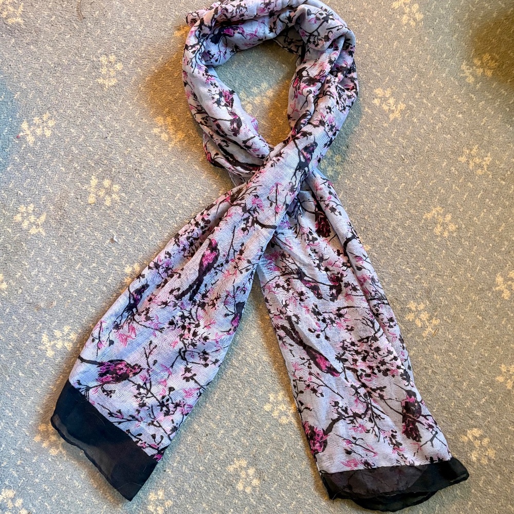 Lightweight, light blue, pink and black scarf